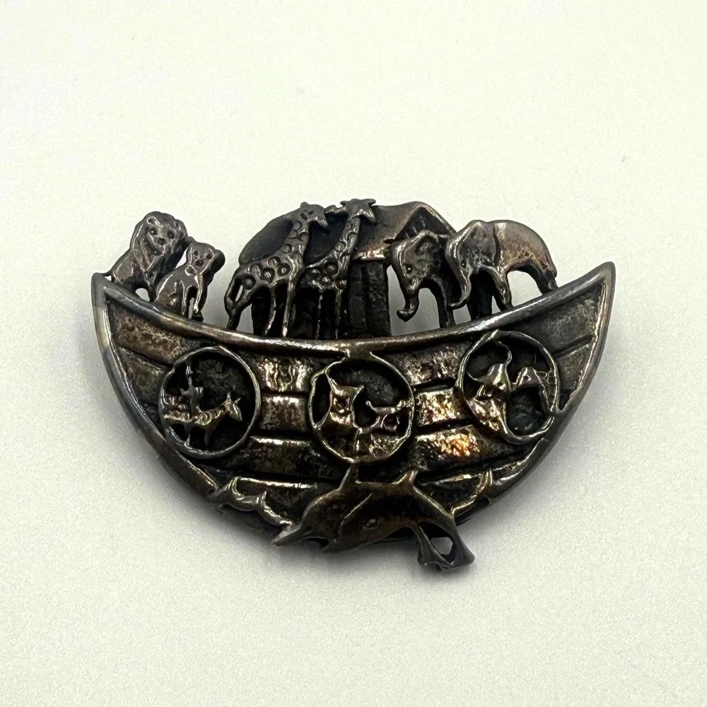 Sterling Silver Noah's Ark Brooch 925 Animal Pin Vintage Religious Jewelry‎